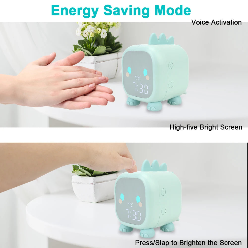 Bedside LED Clock Kids Alarm Clock Children'S Sleep Trainier Temperature Display with Voice Control Digital Cute Dinosaur