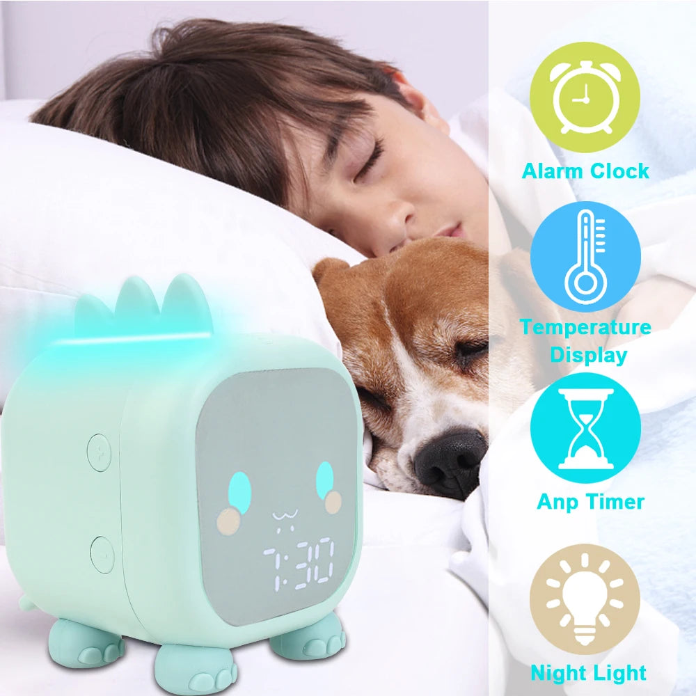 Bedside LED Clock Kids Alarm Clock Children'S Sleep Trainier Temperature Display with Voice Control Digital Cute Dinosaur